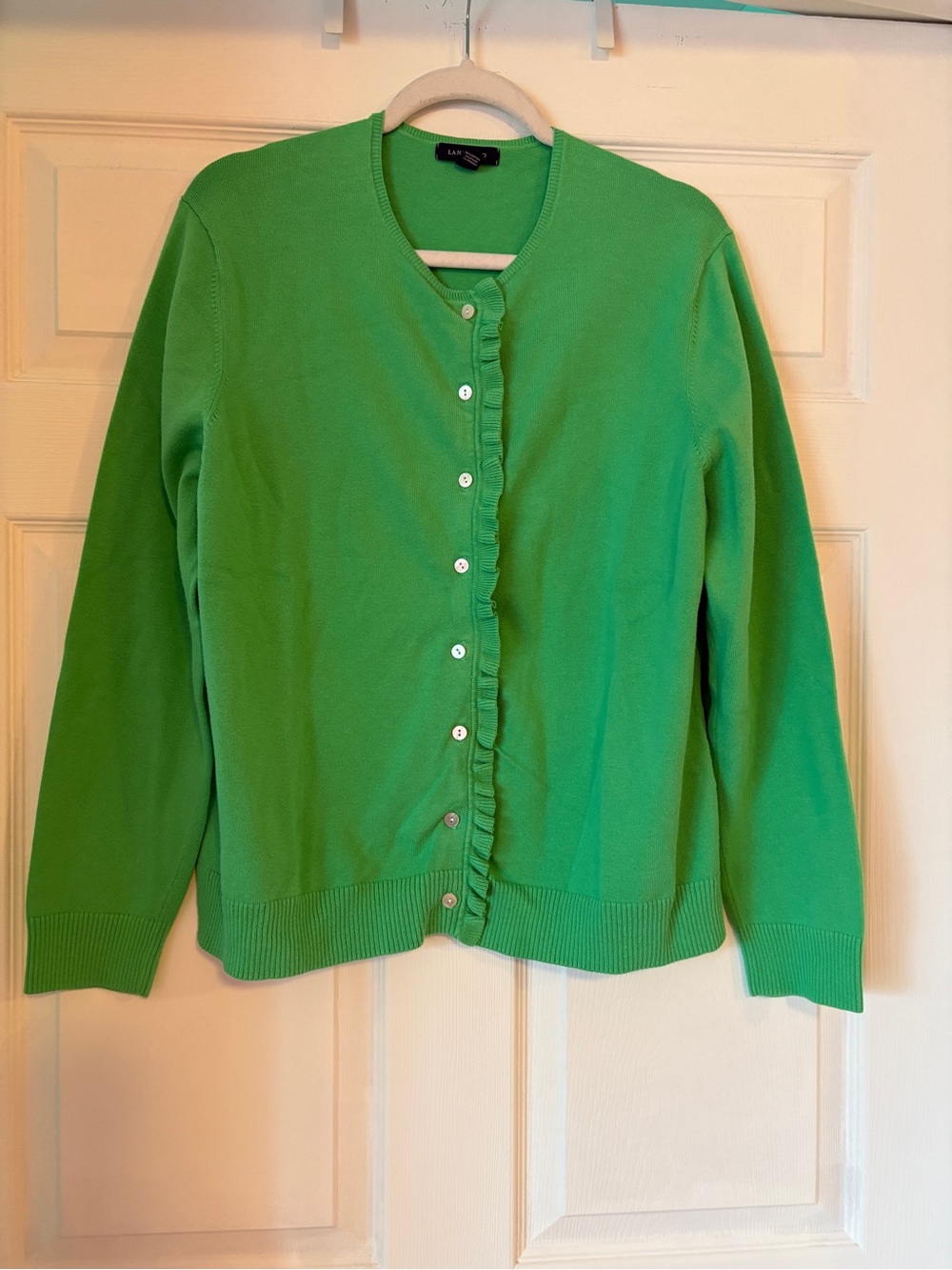Land’s End Kelly Green Ruffle-Trim Cardigan Sweater